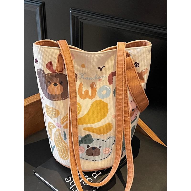 夏季大容量水桶包包女可爱卡通帆布通勤包小众百搭单肩腋下托特包