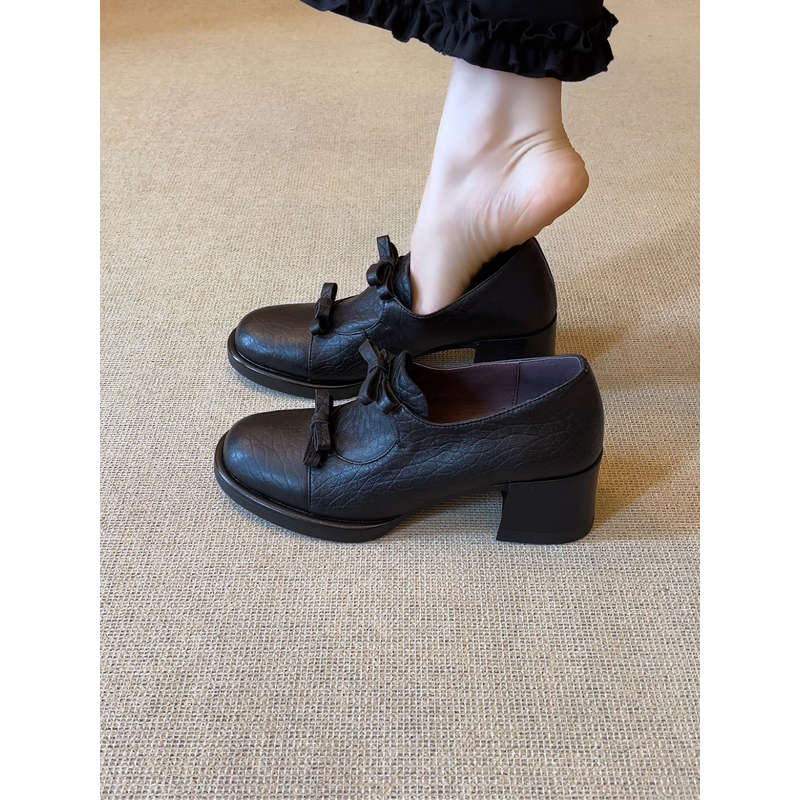 nnmiss·34-40/6cm小个子圆头双蝴蝶结单鞋复古深口粗跟通勤小皮鞋