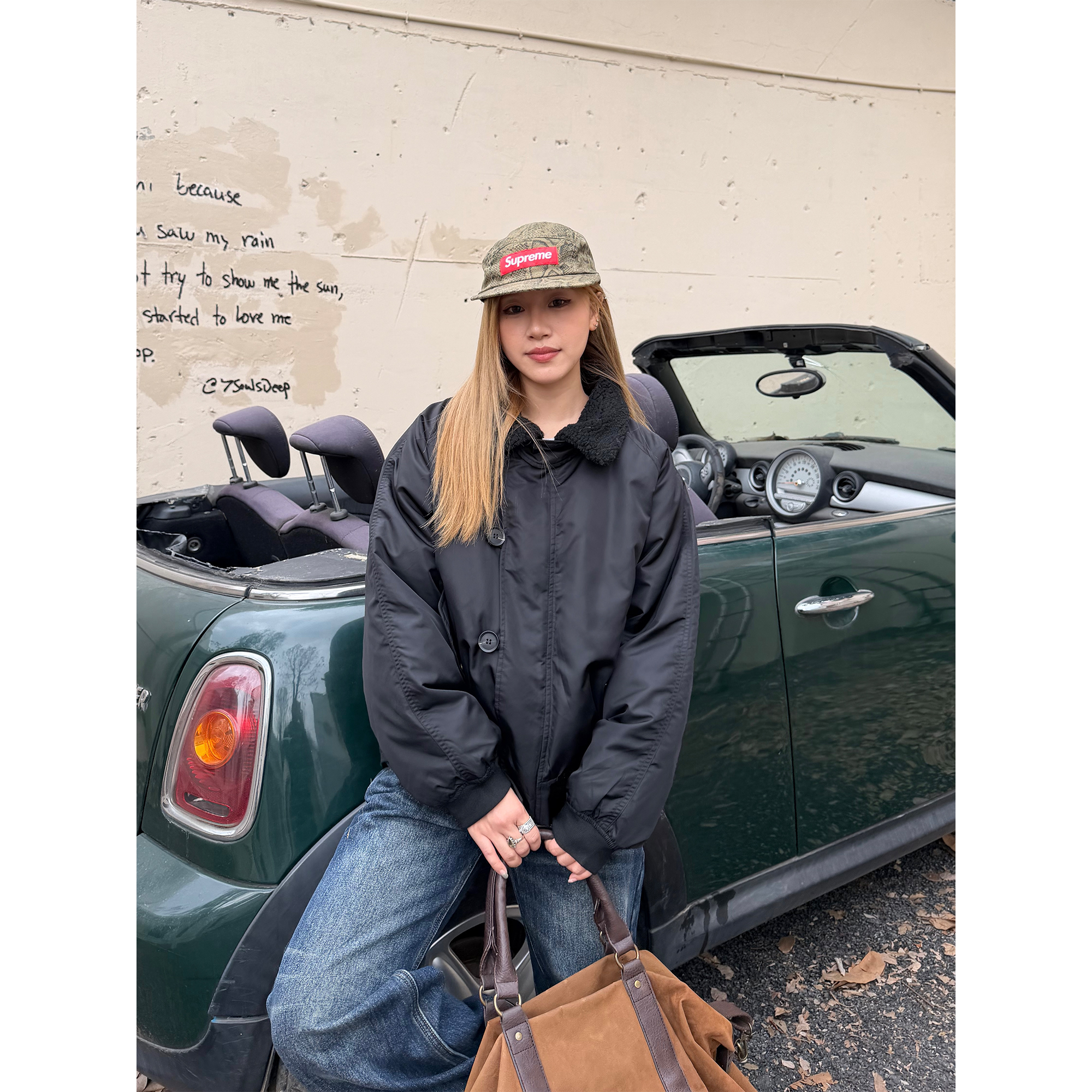 川川也家黑色毛领棉服男女宽松休闲保暖户外夹棉外套秋冬