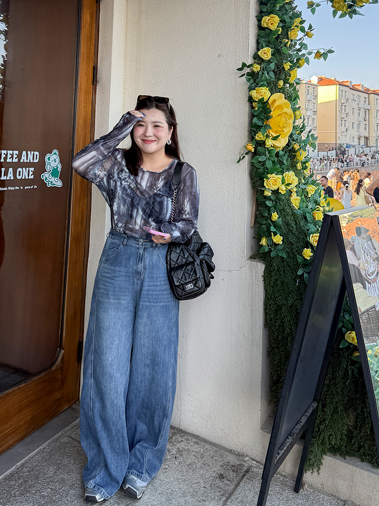 李想牛仔/胖mm大码 解构设计 有风格的宽腿牛仔裤