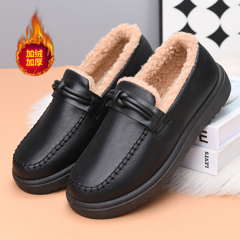 冬季新款妈妈鞋加绒保暖平底靴中老年一脚蹬软底防滑鞋子女棉鞋