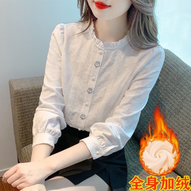 秋冬装2025年新款减龄刺绣提花纯棉衬衫女洋气全棉木耳领加绒上衣