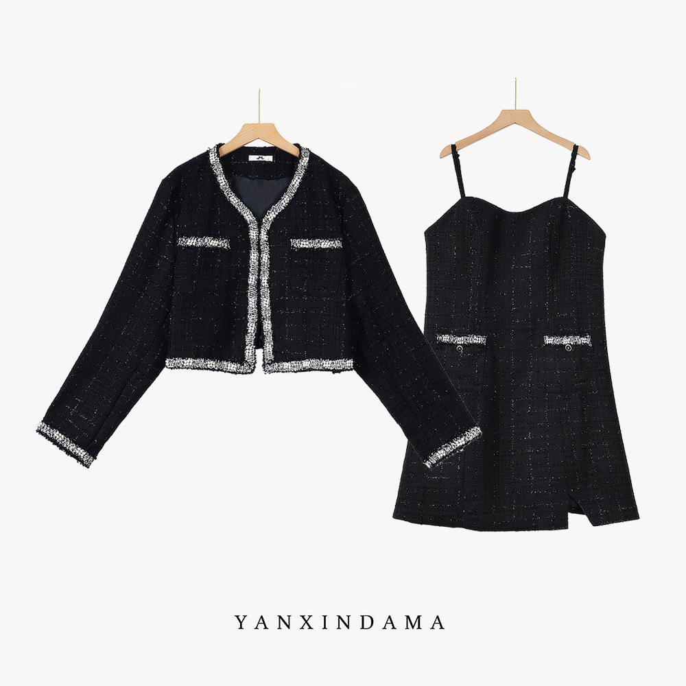 大码女装300斤胖MM小香风外套+吊带连衣裙两件套63936