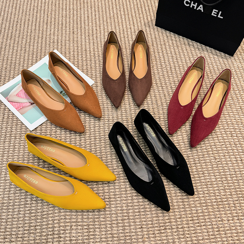 羊皮版~绒面秋季尖头韩系极简风复古小单鞋浅口通勤百搭低跟女鞋