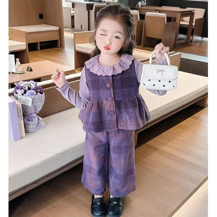 女童秋装套装2025新款儿童洋气格子三件套宝宝春秋款韩版时髦衣服