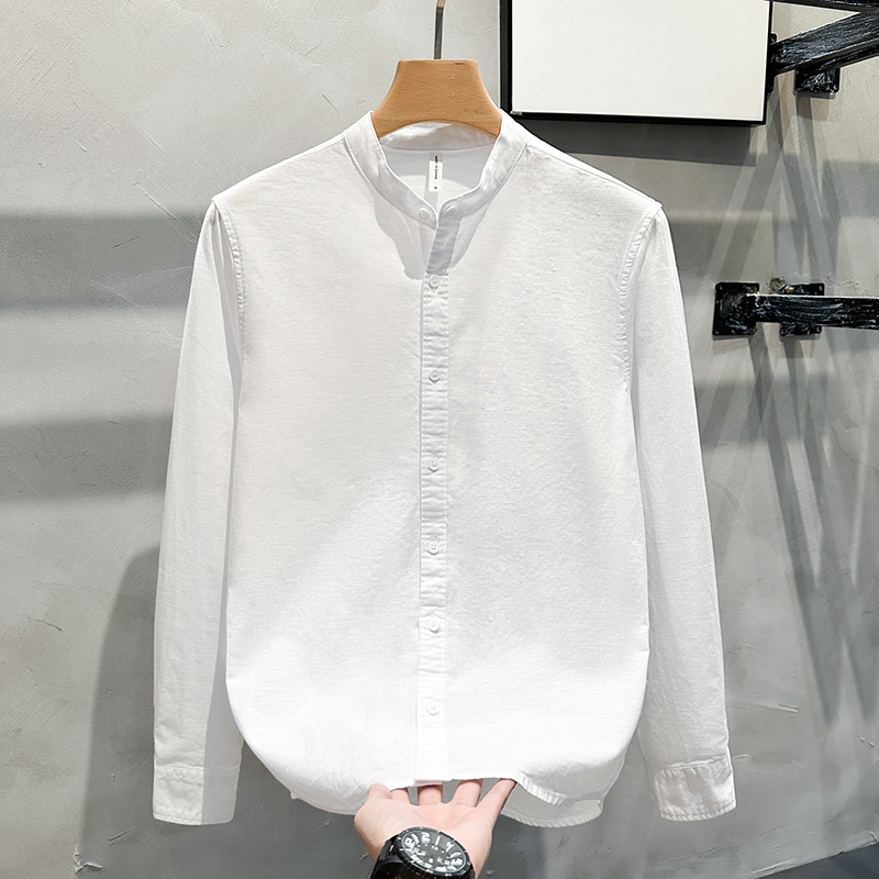 春秋季衬衫男长袖立领亚麻休闲文艺男装潮牌棉麻上衣立领白色衬衣