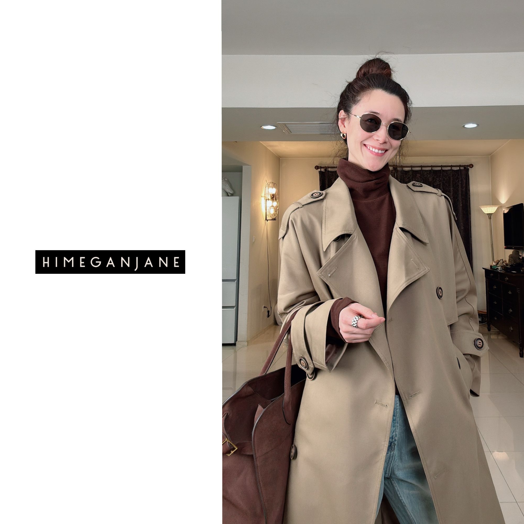 HIMEGANJANE “气场全开” 经典翻领双排扣可收腰廓形长款风衣25647