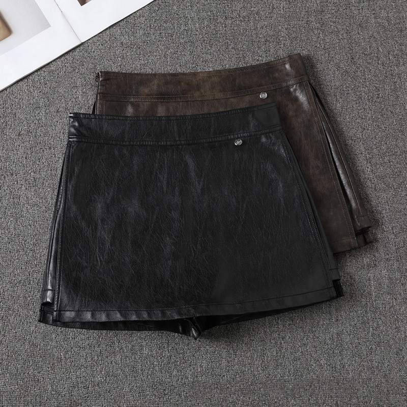 【2893】流光风开叉PU皮短裙女士优雅气质a字裙显瘦时髦网红半身裙
