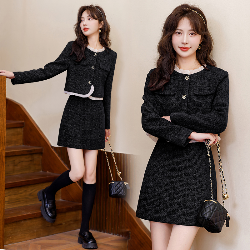 2025秋冬新款气质黑色小香风套装小个子穿搭洋气粗花呢两件套短裙