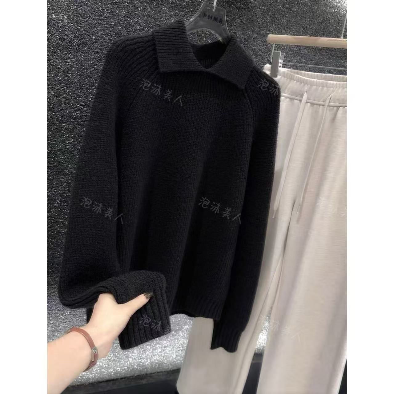 深黑咖翻领」显瘦不挑人！加厚冬季宽松套头针织毛衣女秋冬氛围感