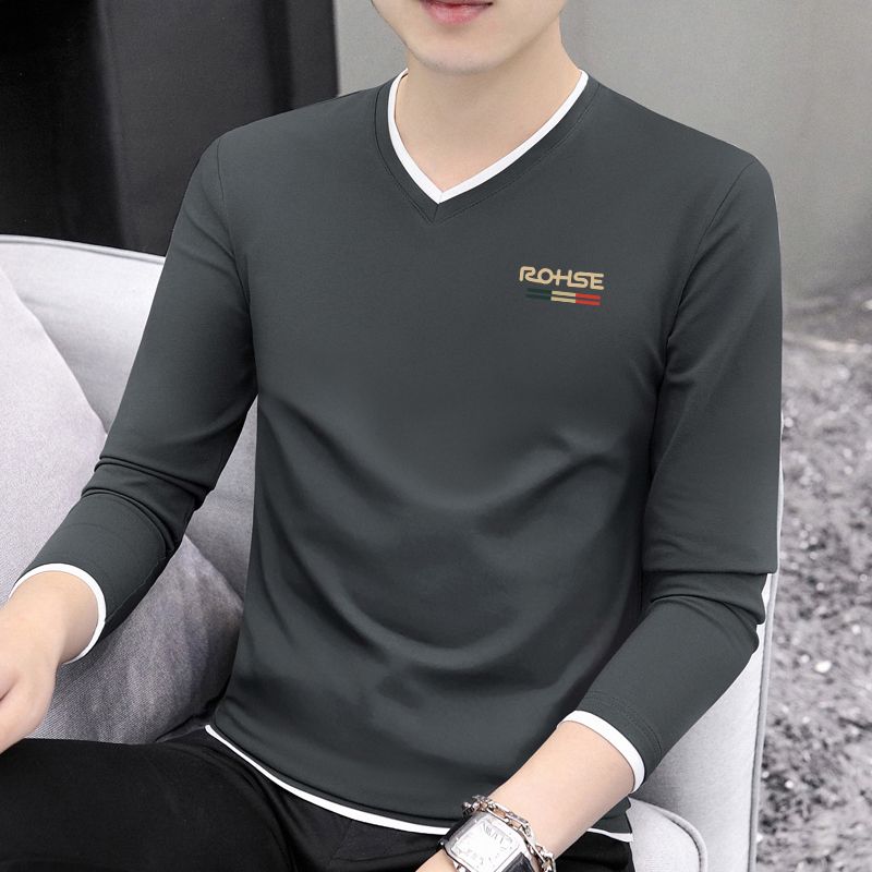 V领长袖T恤男士春秋新款打底衫休闲上衣百搭修身秋季时尚潮流体恤