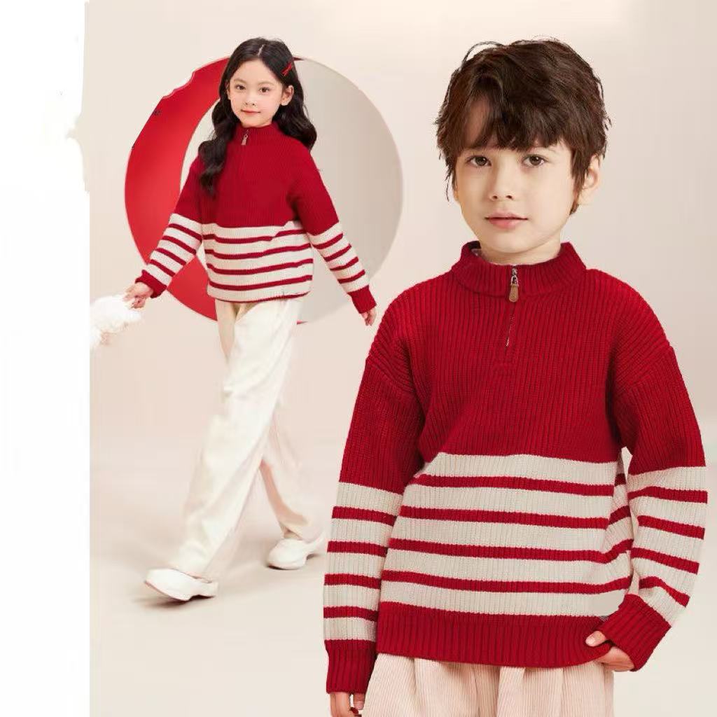 2025新款男童秋冬立领冬加厚套头男女儿童装条纹红色毛衣针织衫