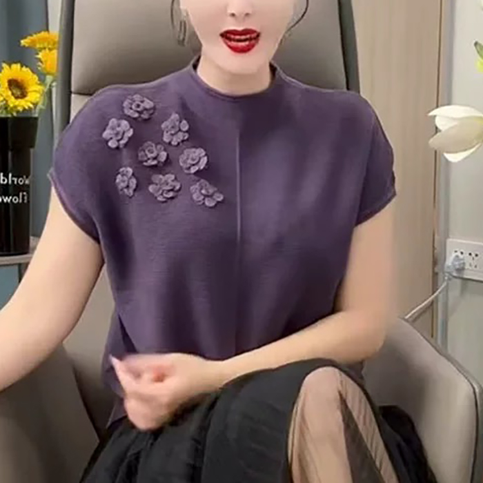 早秋新款立领套头女士针织立体花打底衫显瘦短袖休闲百搭弹力小衫