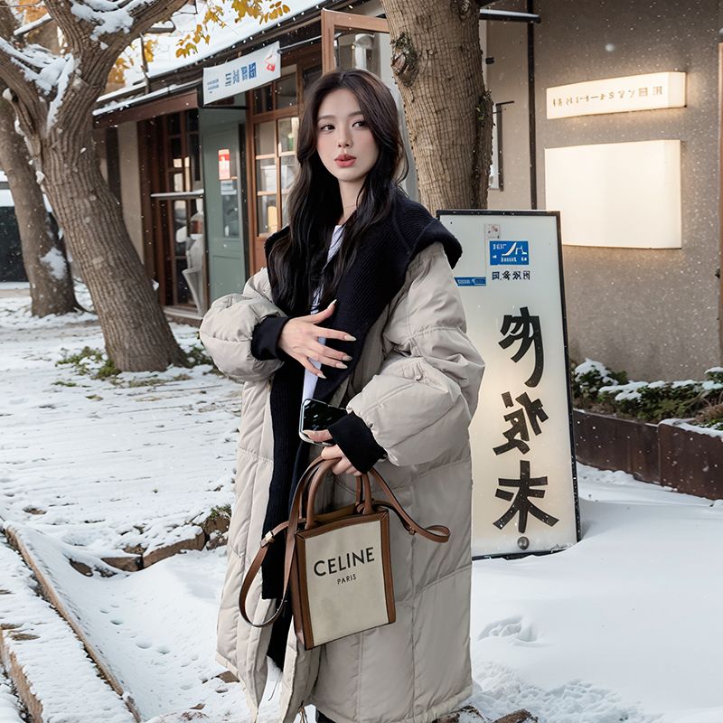 连帽拼接羽绒服女冬季2025新款流行韩系中长款加厚保暖白鸭绒外套