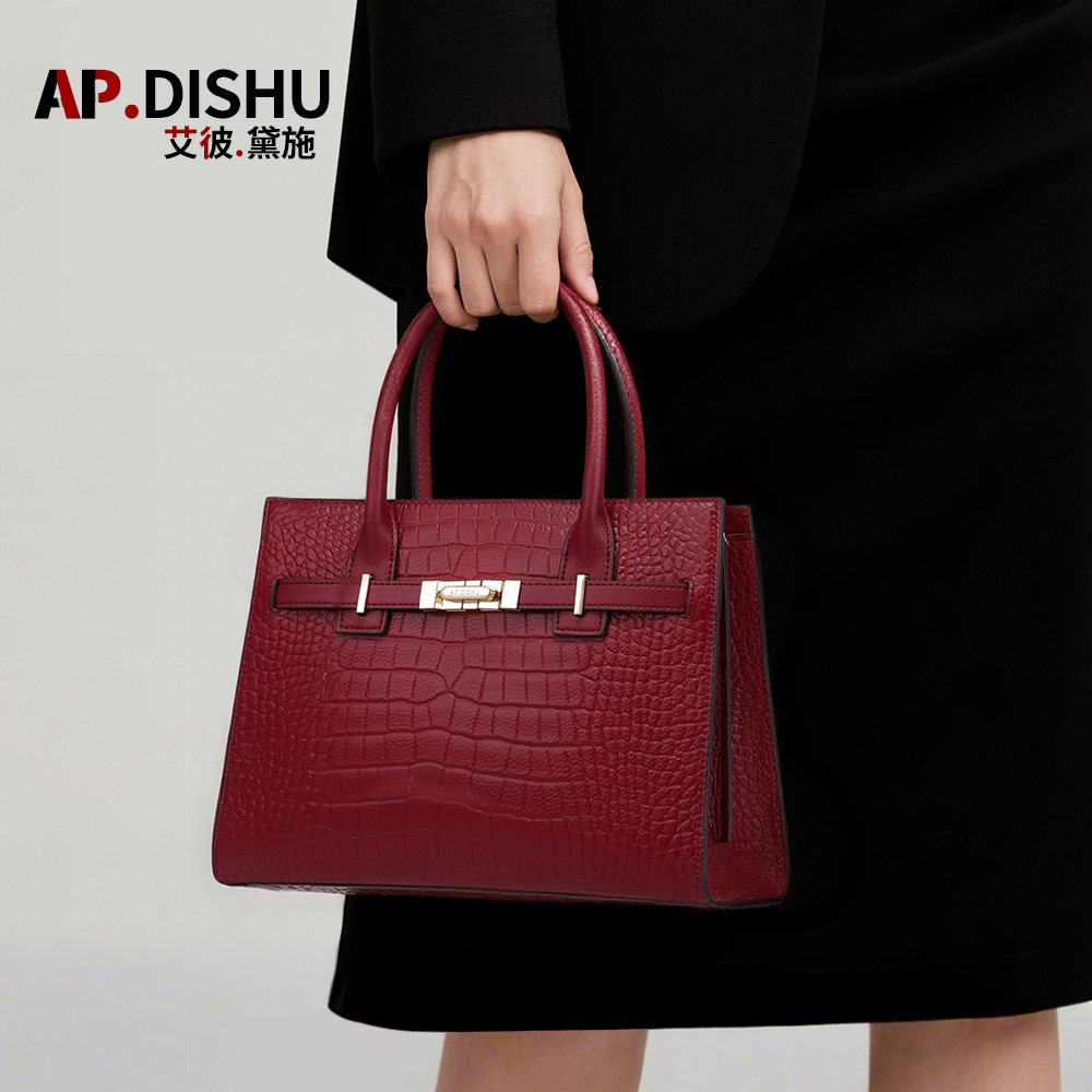 艾彼黛施头层牛皮红色大气女士妈妈喜婆婆婚宴包手提大容量