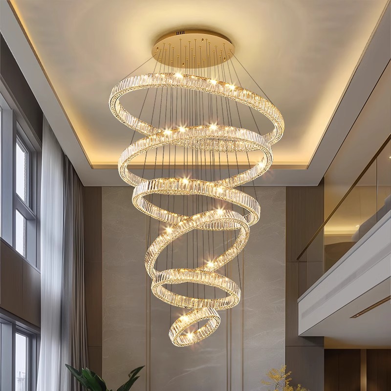 轻奢别墅复式楼大吊灯客厅灯2025年新款挑空水晶灯圆形楼梯长吊灯