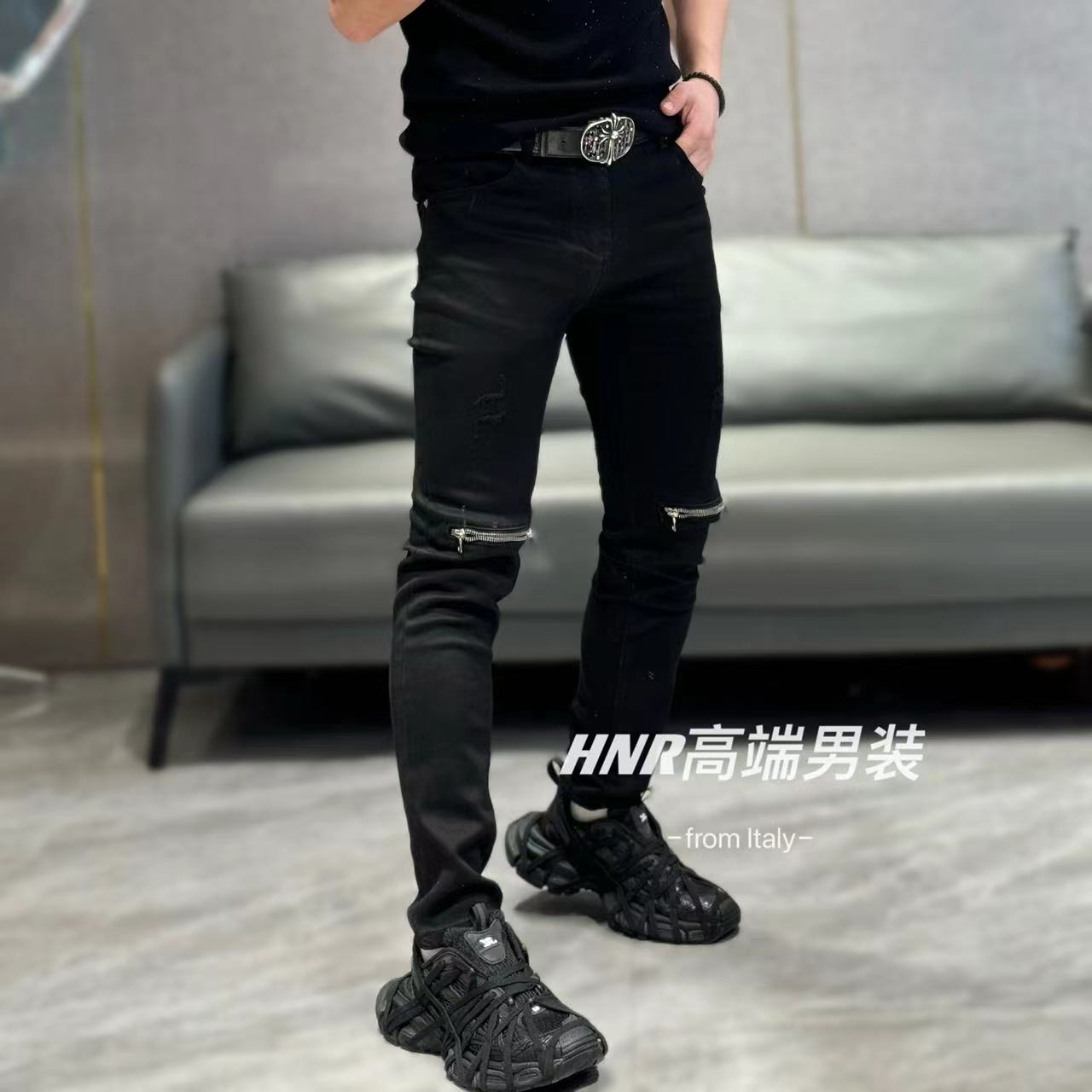 拉链装饰新款高端男士时尚潮流休闲百搭帅气纯色牛仔裤77211