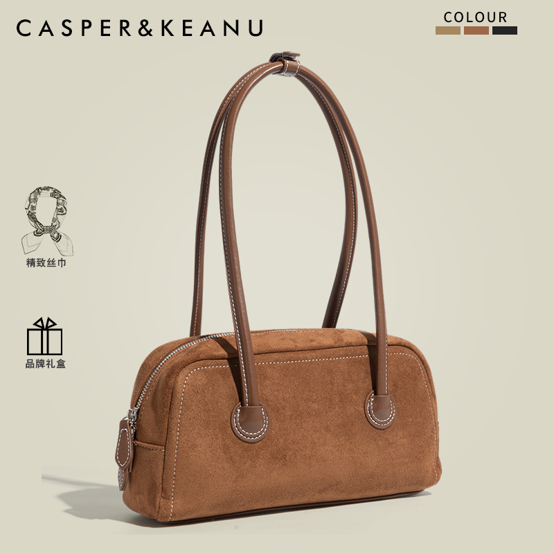 CASPER&KEANU复古麂皮绒波士顿包女2025新款春夏保龄球包包手提包