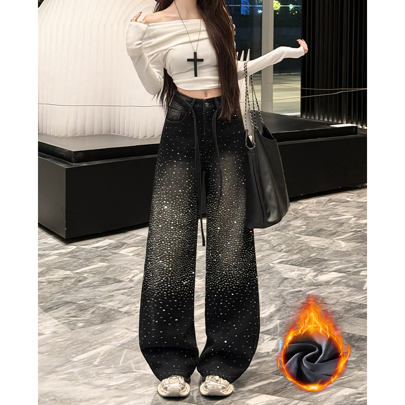 满天星烫钻加绒阔腿牛仔裤女2025秋冬季新款高腰显瘦小个子拖地裤