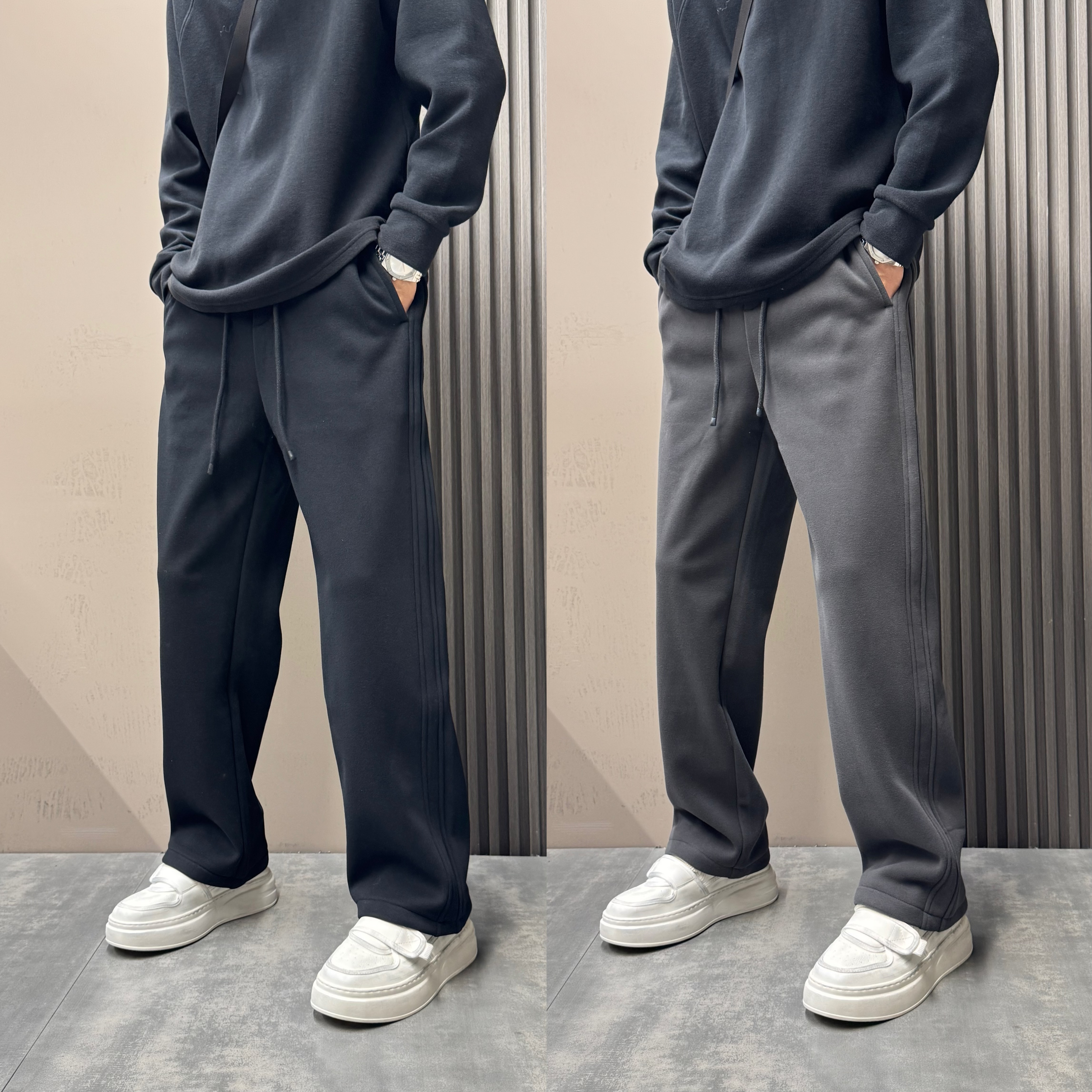 冬季加绒加厚男潮流休闲裤宽松高级感简约时尚百搭纯色显瘦直筒裤