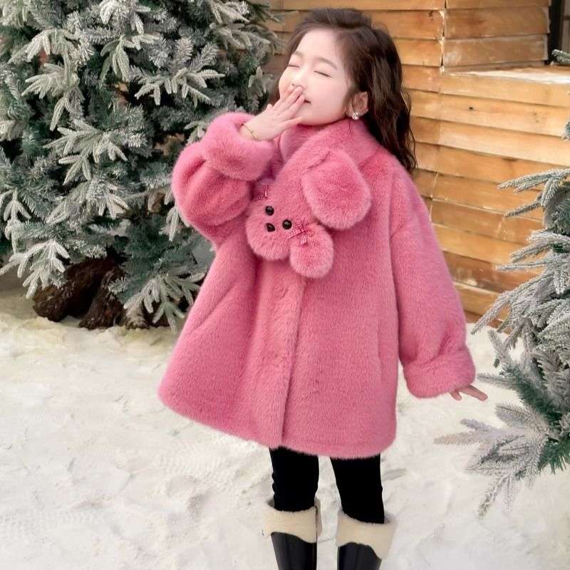 女童外套中长款2025一体加厚新款皮草保暖儿童大衣