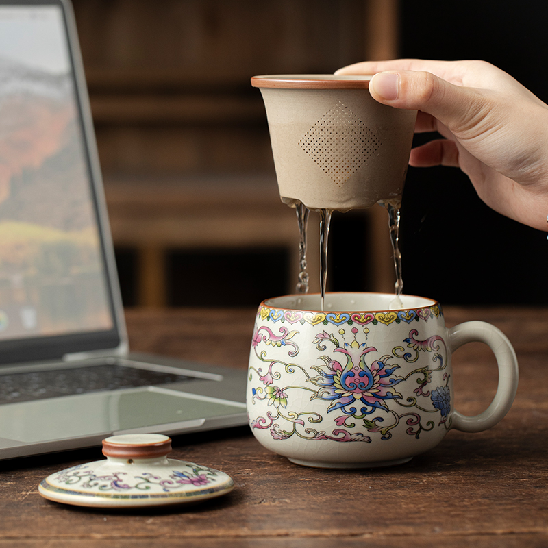 缠枝莲米黄汝窑茶杯过滤办公杯茶水分离杯子个人专用高档泡茶水杯