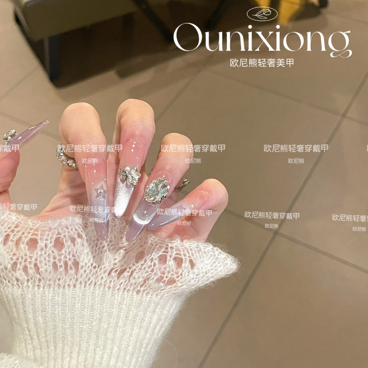 多巴胺风爆闪冰透水光玻璃珠猫眼蝴蝶结穿戴甲手工冰透