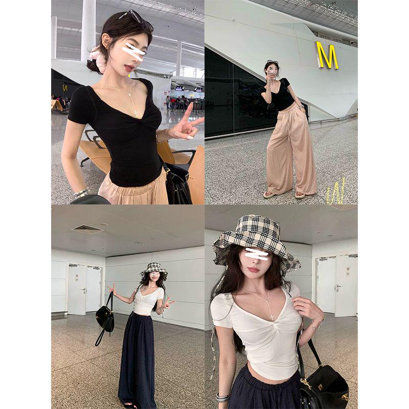 Moses Queen/魔西女王扭结性感V领短袖T恤修身气质一字肩短款上衣