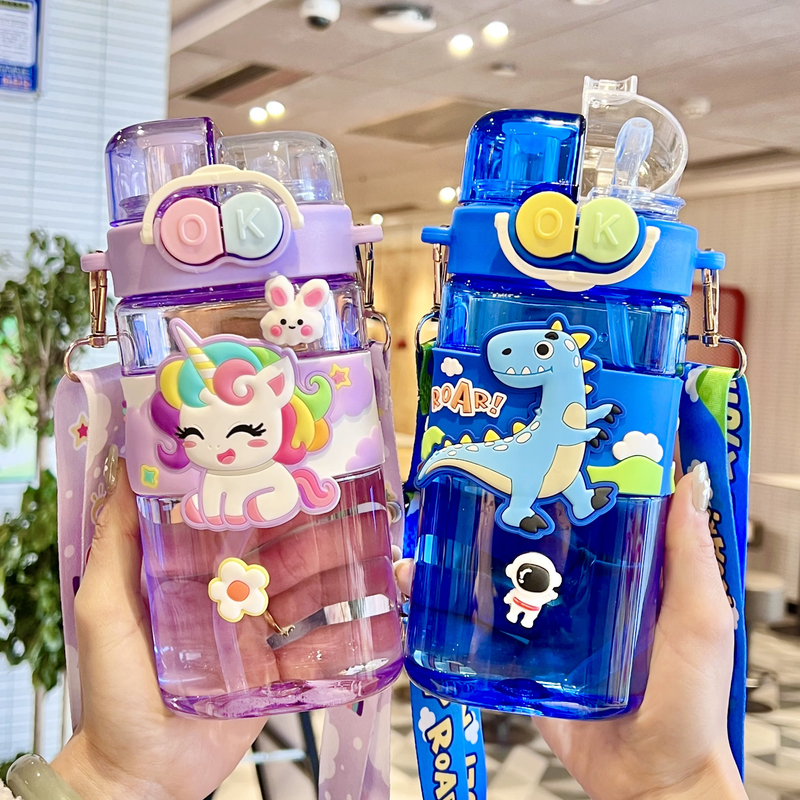 儿童双饮水杯可爱女童杯子带吸管杯小学生上学专用便携幼儿园水壶