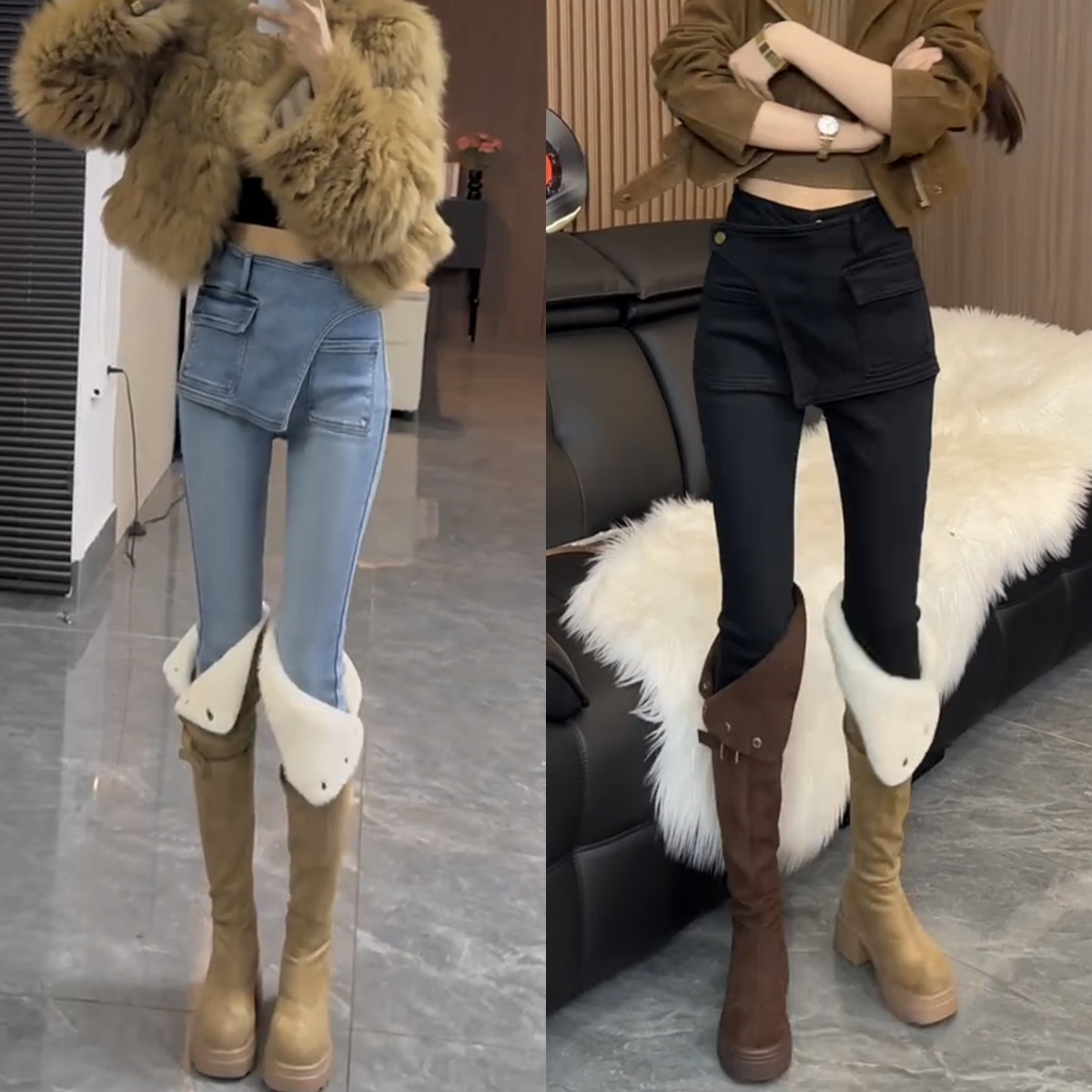 假两件拼接设计感小脚牛仔裤女2025秋冬新款加绒加厚九分铅笔裤子