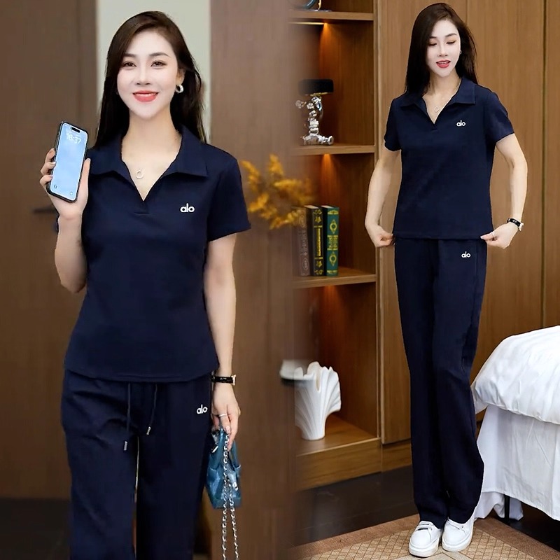 休闲运动套装女2025夏季新款洋气显瘦POLO领短袖上衣阔腿裤两件套