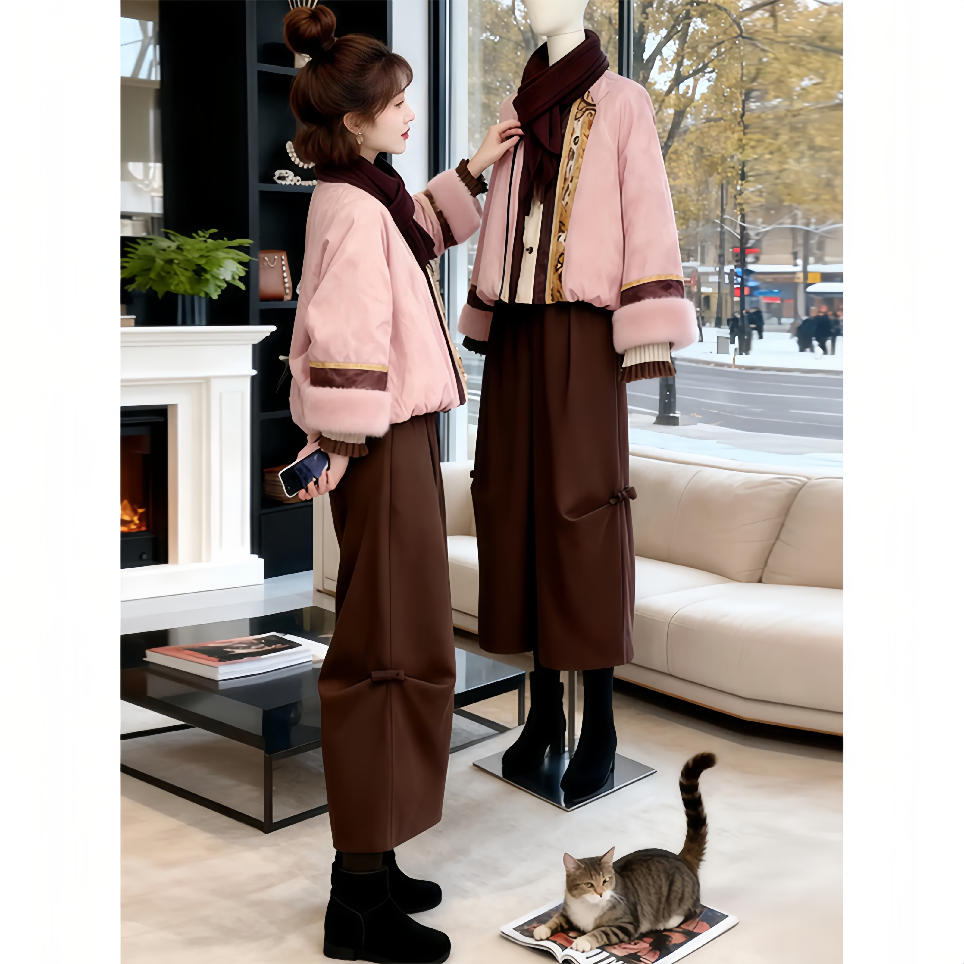 【粉黛初冬】冬季巨好看时尚套装新中式棉服外套+阔腿裤子