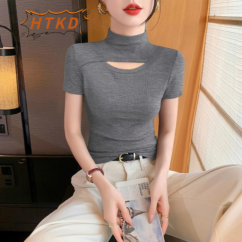 半高领短袖t恤女春夏2025新款黑色修身打底衫高级感针织镂空上衣