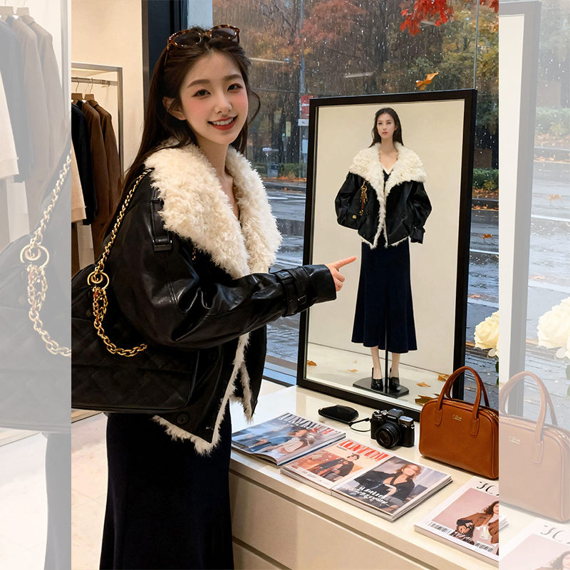 "一夜的桂花树" 雾面柔光蓬松毛毛绒短外套女秋冬装大翻领派克服