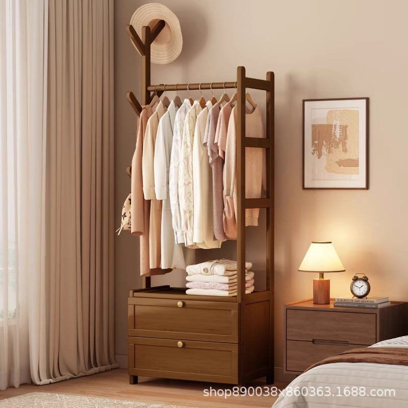 挂衣架落地卧室家用带储物柜收纳床边晚上放衣服实木多功能衣帽架