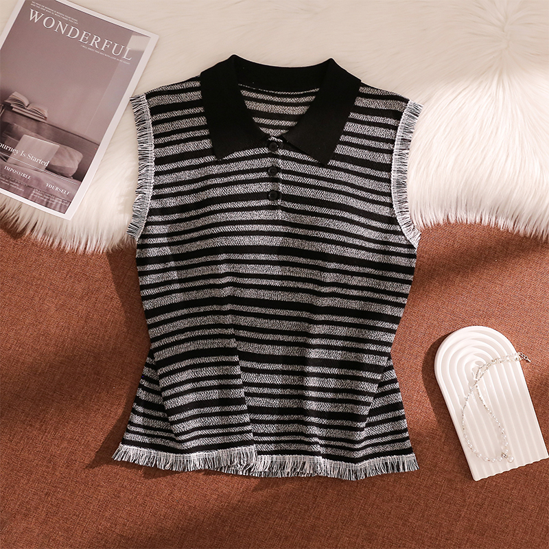 条纹毛边针织背心女外穿2025新款时髦洋气Polo领T恤打底无袖上衣