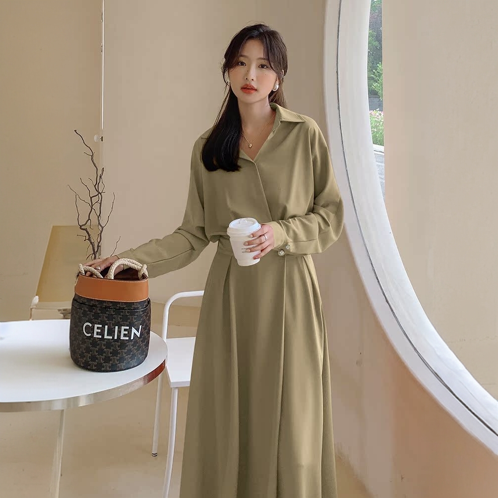 胖mm法式长袖衬衫连衣裙女春秋2025大码收腰显瘦气质高级感长裙子