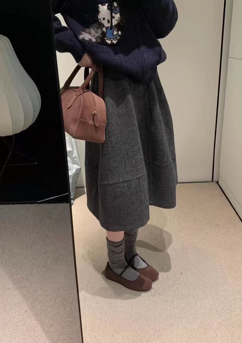 【高品质现货】毛呢花苞裙半身裙秋冬毛呢半身裙A字遮胯中长裙子