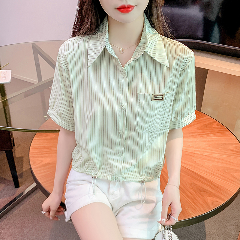 时尚气质POLO领短袖条纹衬衫女装2025夏季爆款小个子短款雪纺上衣