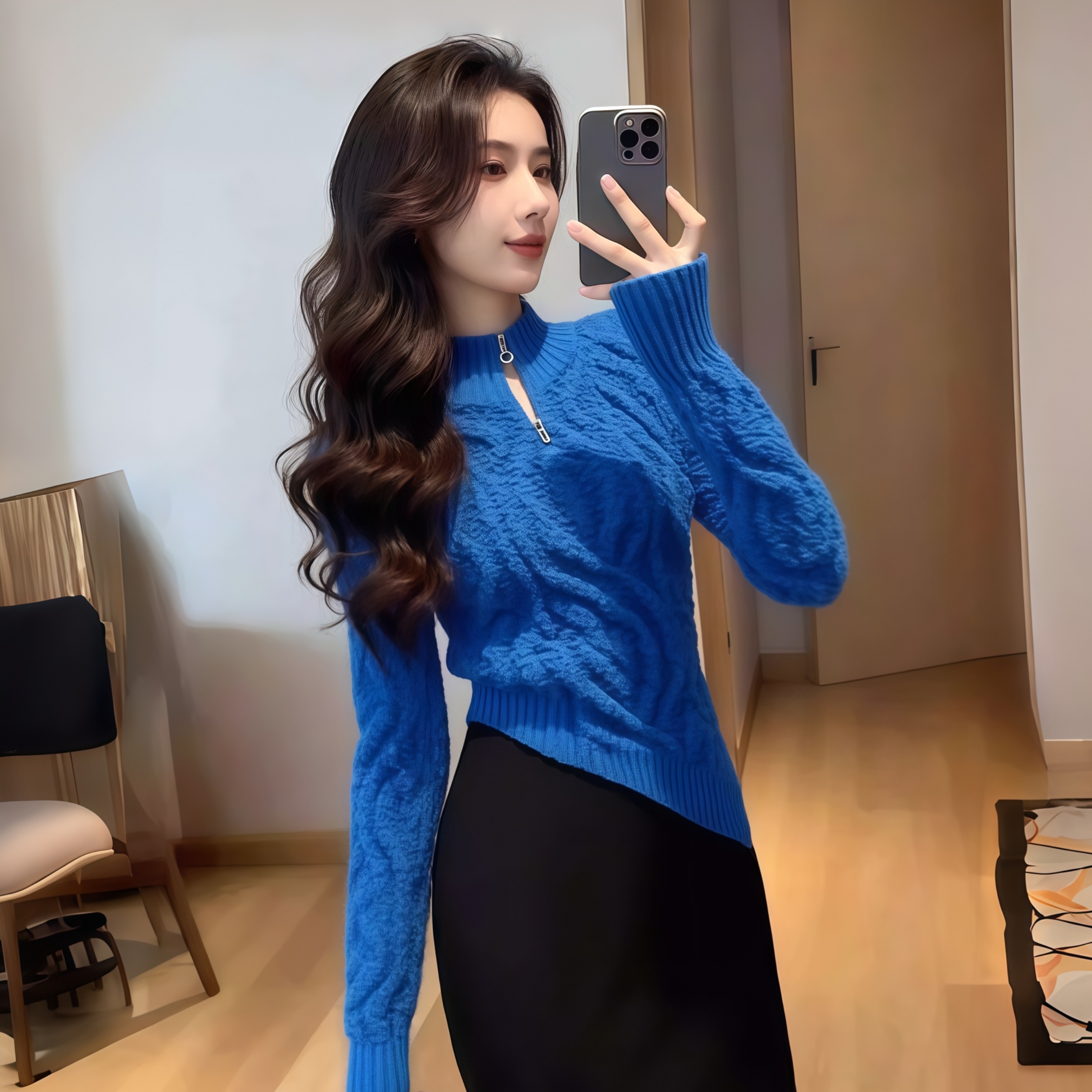 绝美巨好看的冬装内搭2025设计感掐腰气质不规则克莱因蓝针织上衣