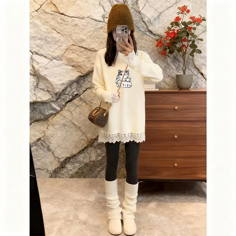 2025新款蕾丝打底衣女内搭高级感秋冬长袖t恤慵懒中长款宽松上衣