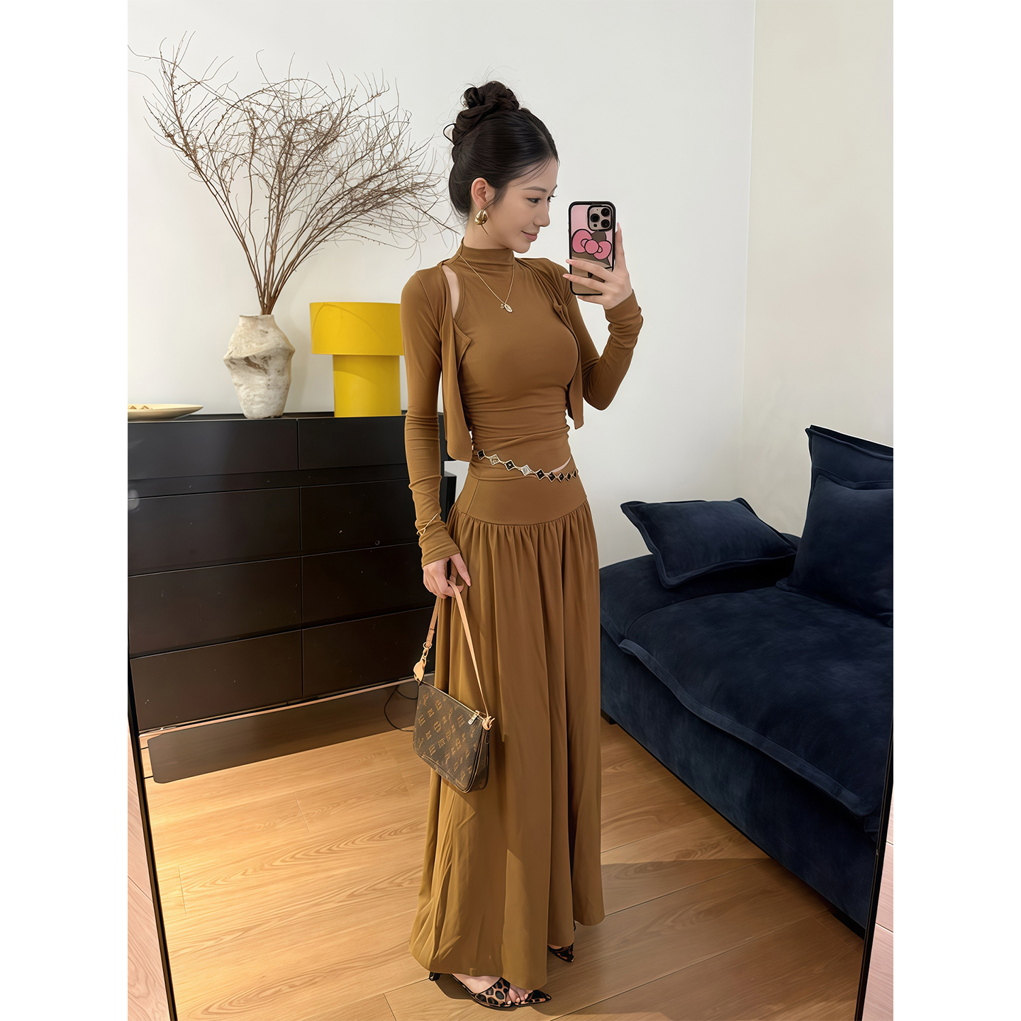 纯欲辣妹风半高领无袖内搭上衣长袖开衫女秋季新款高腰长裙三件套