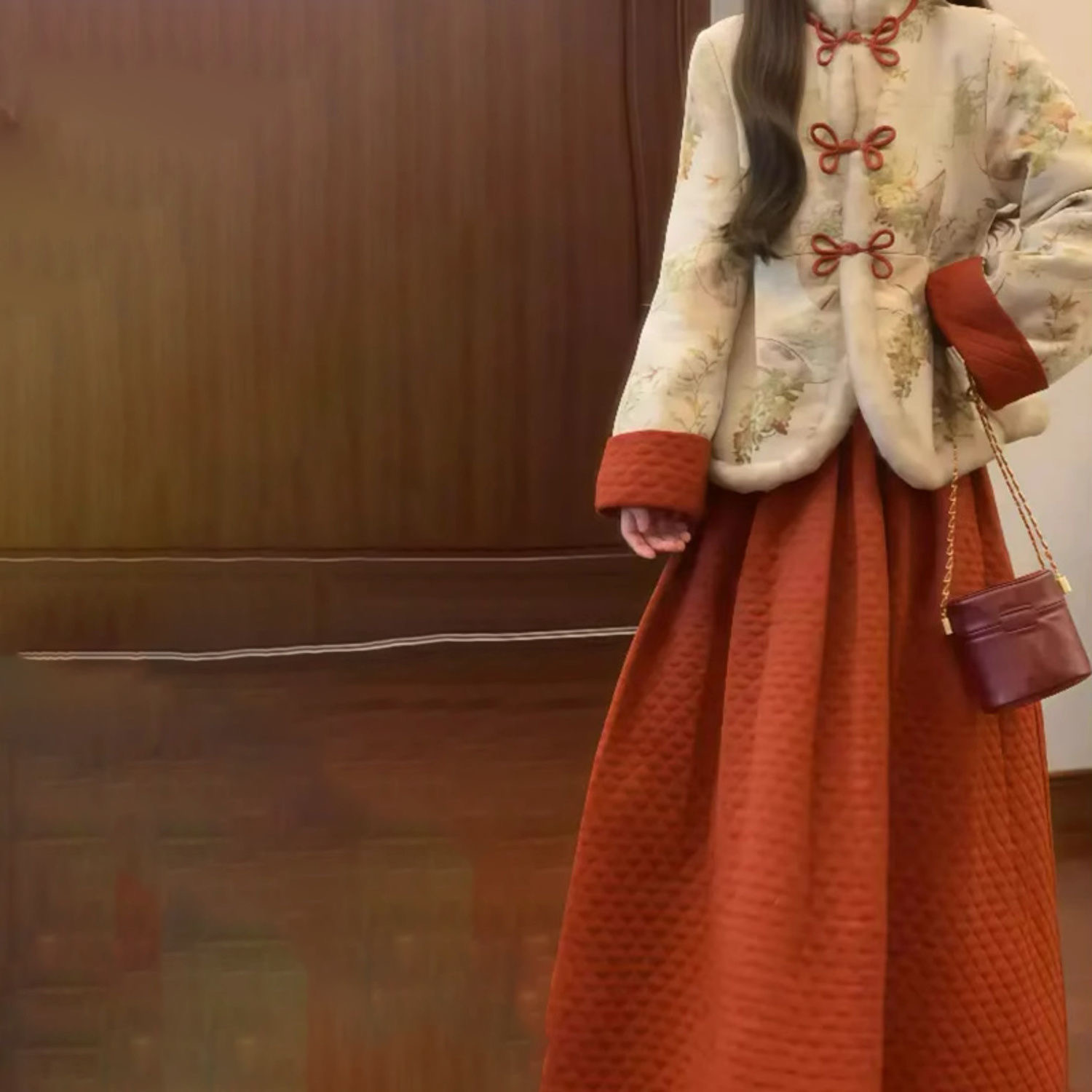 过年新中式国风套装女红色小袄加绒复古汉服改良旗袍上衣两件套冬