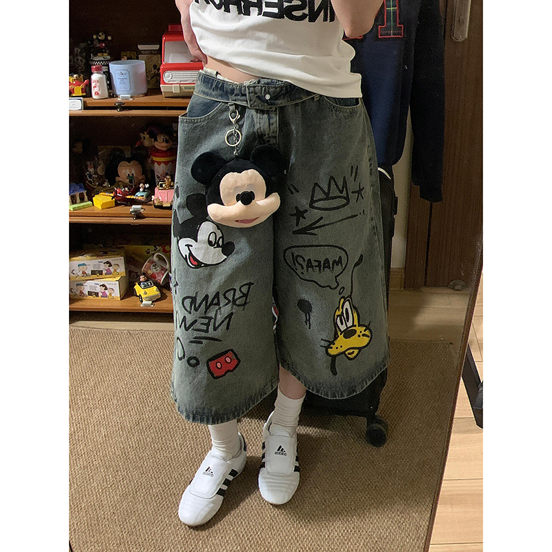 特大码美式卡通涂鸦牛仔短裤女夏季新款胖mm宽松显瘦阔腿七分裤子