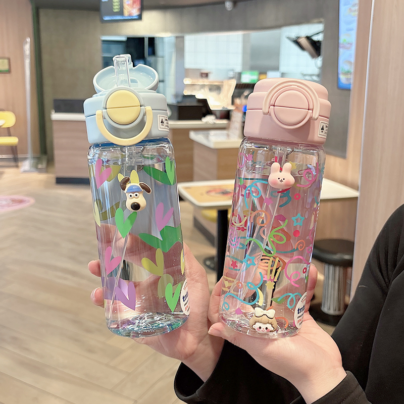儿童双饮吸管杯学生上学防摔tritan塑料杯高颜值便携夏季男喝水杯