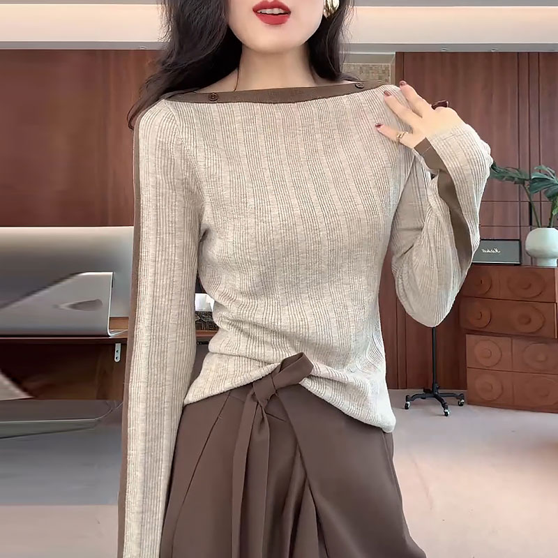 【优雅弧度】长袖针织衫女秋季内搭打底衫2026新款修身显瘦百搭上衣