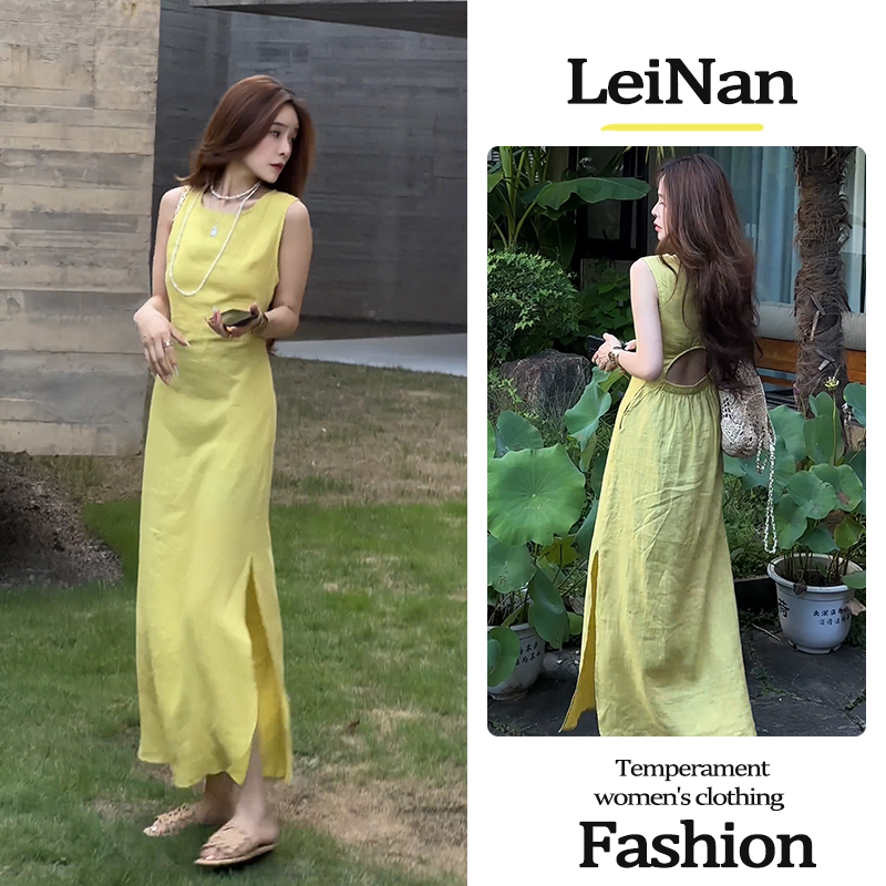 连衣裙2025夏季新款法式气质圆领无袖收腰镂空中长款显瘦开叉裙子