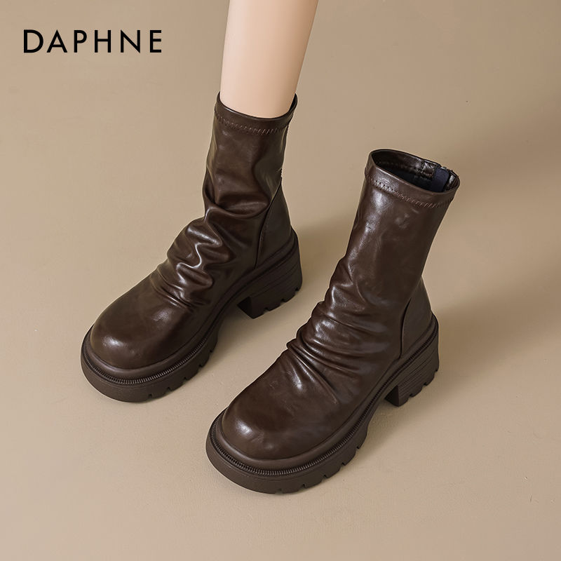 达芙妮棕色短靴女2025新款靴子春秋单靴厚底马丁靴美拉德堆堆靴