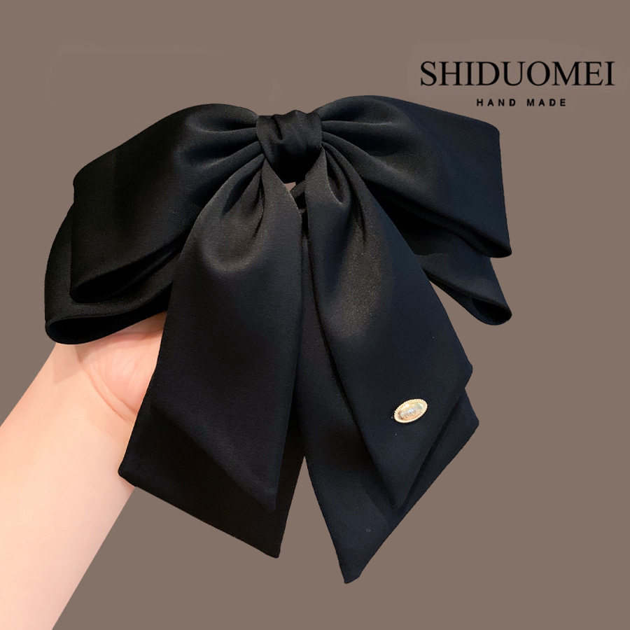 缎面高级感黑色蝴蝶结马尾抓夹法式气质金标字母盘发顶夹半扎发卡