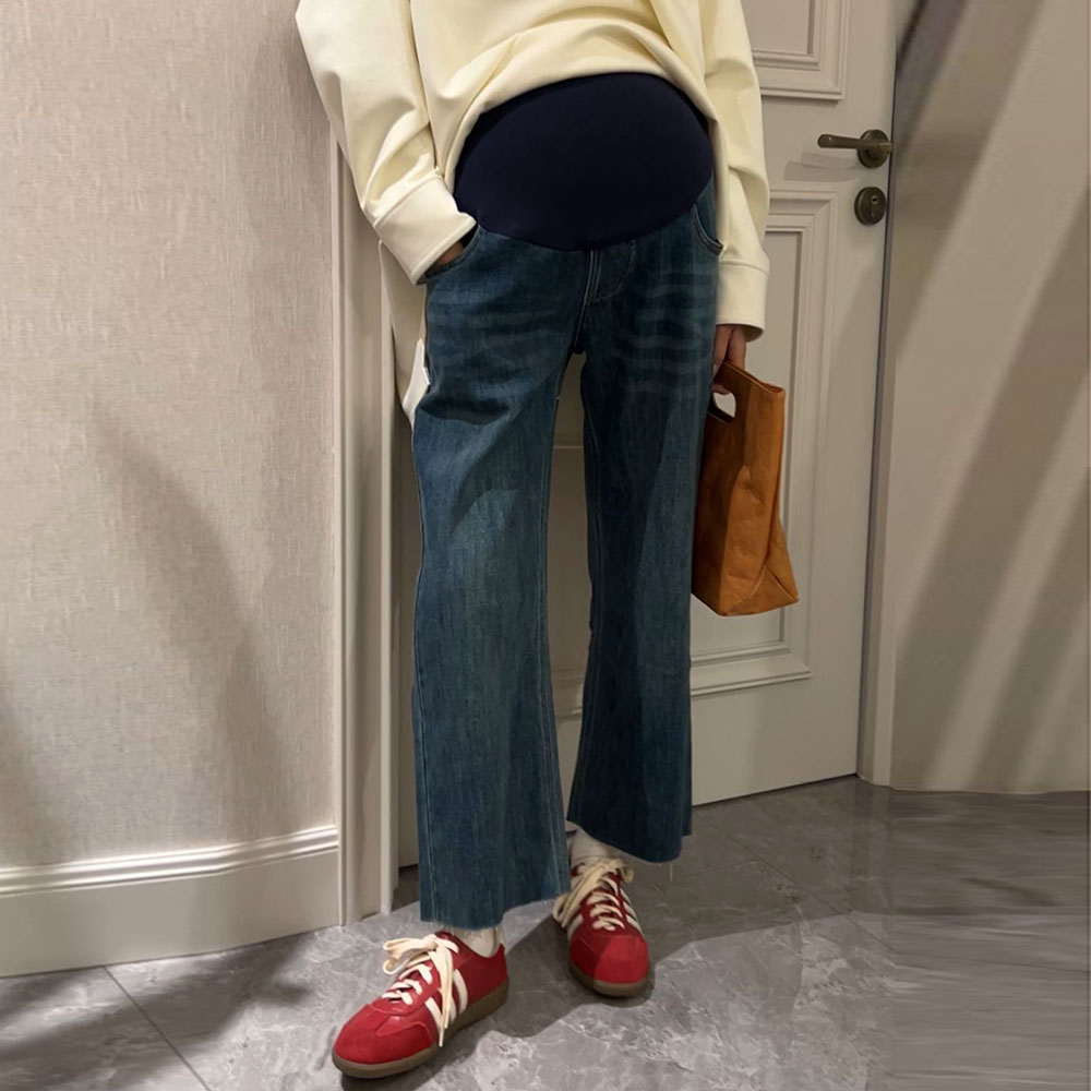 早春复古弹力显瘦裤～孕妇牛仔裤子春秋外穿阔腿裤韩国时尚直筒裤